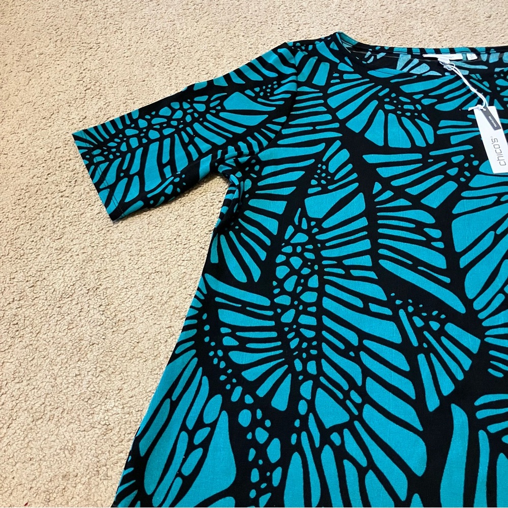 Chico's Travelers short-sleeve crewneck Green/Black pattern slinky Top Sz XL NWT - Picture 3 of 7